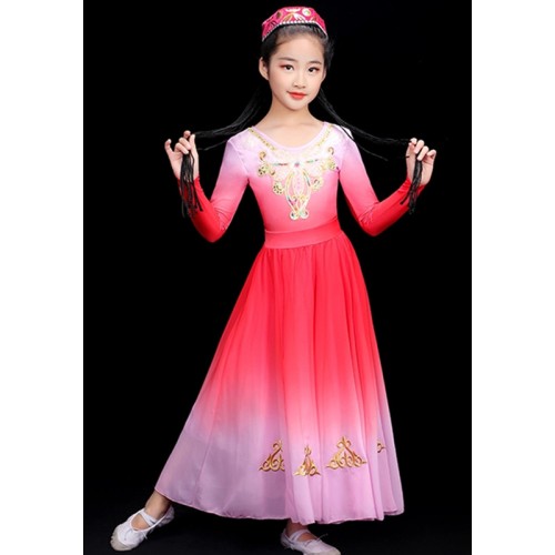 Children Girls Pink gradient colored Chinese Xinjiang dance dress  Ethnic minority practice Uyghur dance clothes for kids